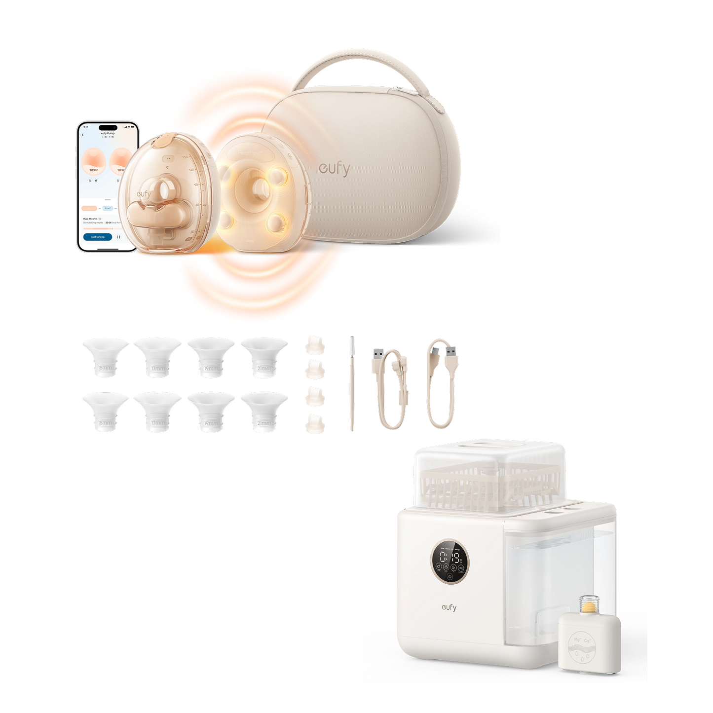 eufy S2 Pro Massaging Heated Electric Breast Pump with Charging Case + eufy S1 Pro Baby Bottle Washer and Steriliser
